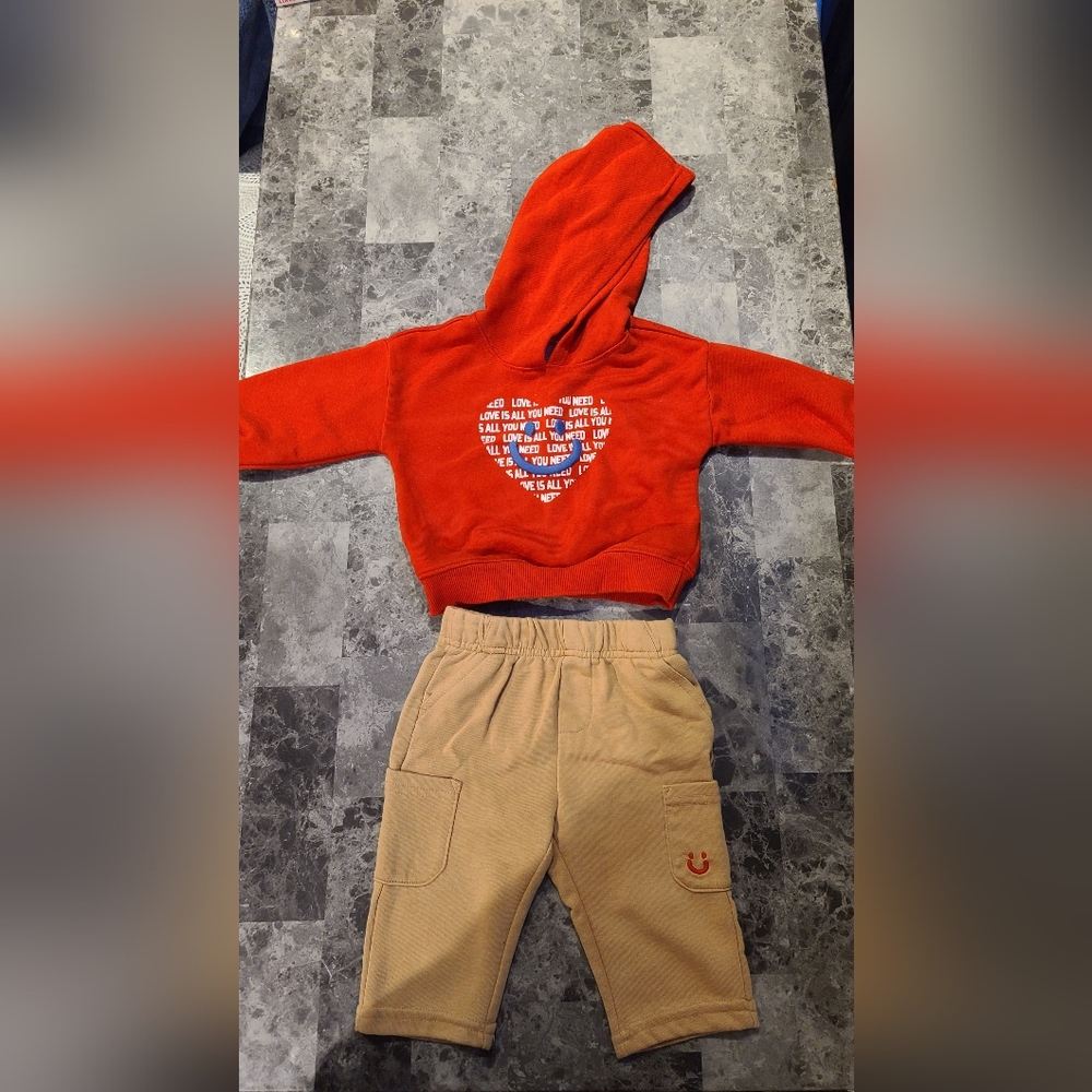 Cat & Jack Tan Casual Sweats & Red Hoodie Outfit